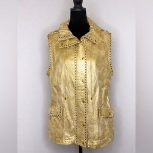 Vintage Berek 100% Leather Gold Studded Vest Large Metallic Moto Statement Piece
